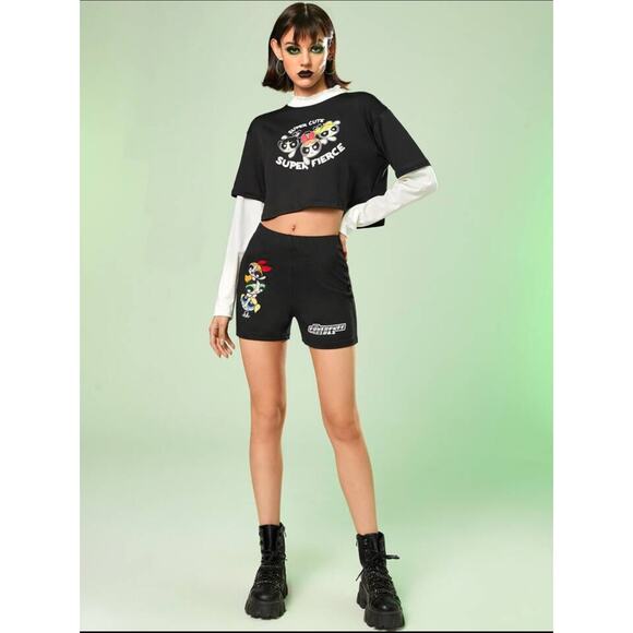 Romwe Powerpuff Girls Cartoon Letter Graphic Biker Black Shorts Plus Size 3XL - Picture 14 of 14